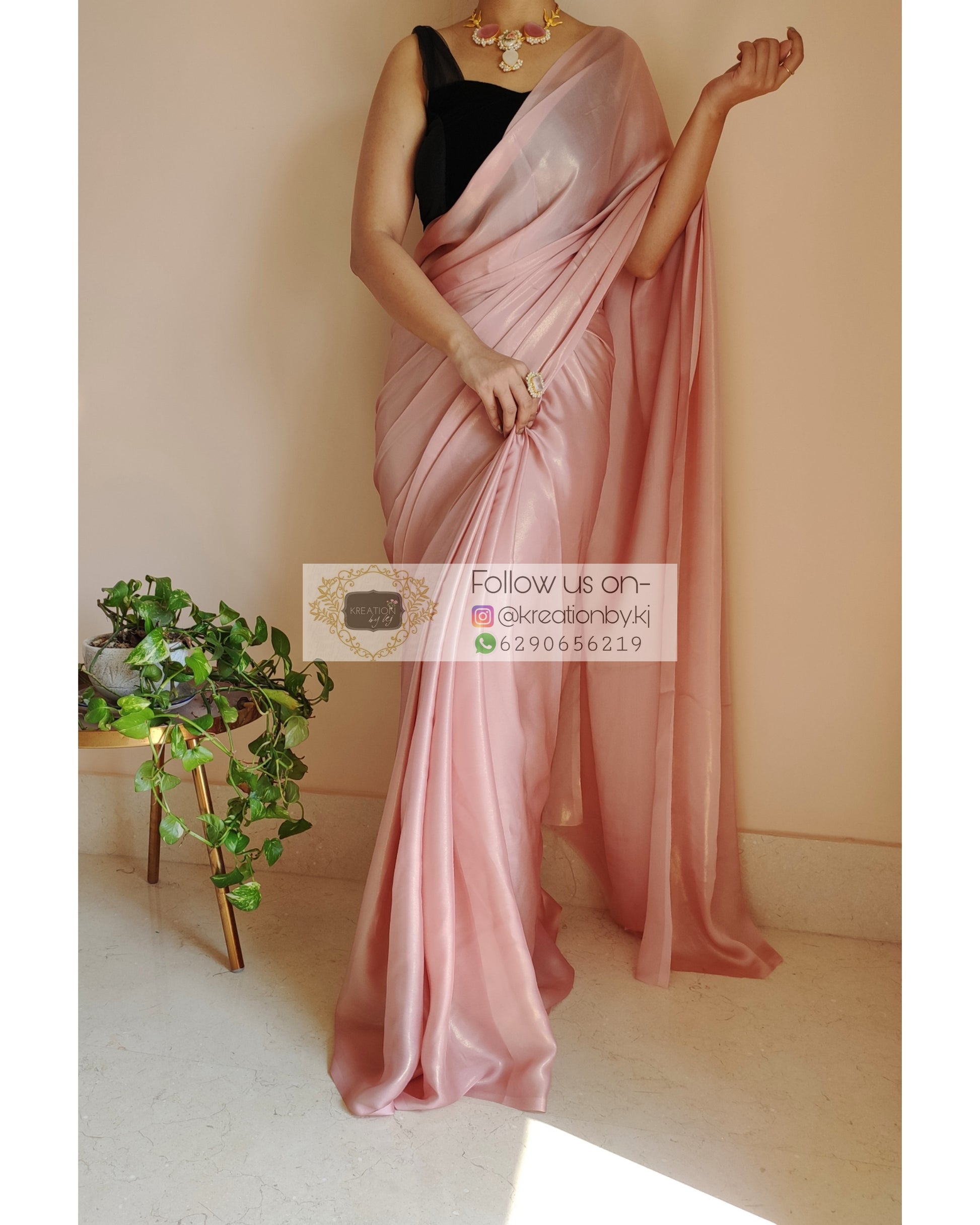 Plain dark brown pure chiffon saree with dusty pink Kanchipuram silk  attached border - #SareeEnvy - Aavaranaa